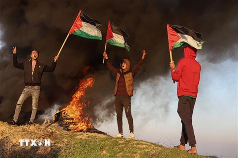 Người biểu tình Palestine biểu tình tại thành phố Gaza, Khu Bờ Tây. (Ảnh: THX/TTXVN)