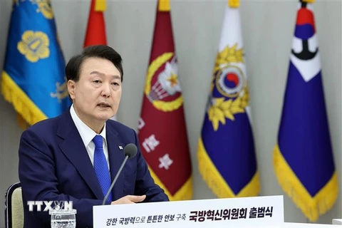 Tổng thống Hàn Quốc Yoon Suk Yeol phát biểu tại Seoul. (Ảnh: Yonhap/TTXVN)