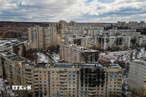 Một tòa chung cư bị phá hủy trong xung đột, tại Saltivka thuộc vùng Kharkiv, Ukraine. (Ảnh: AFP/TTXVN)