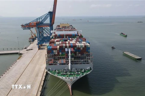 Siêu tàu container M/V OOCL SPAIN tại cảng Gemalink (cụm cảng Cái Mép -Thị Vải, thị xã Phú Mỹ, tỉnh Bà Rịa-Vũng Tàu). (Ảnh: Huỳnh Sơn/TTXVN)