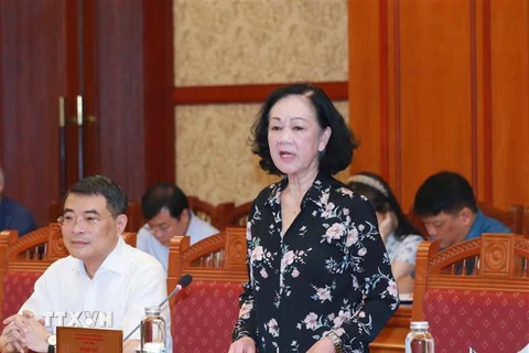 Bà Trương Thị Mai, Ủy viên Bộ Chính trị, Thường trực Ban Bí thư, Trưởng Ban Tổ chức Trung ương phát biểu chỉ đạo Hội nghị. (Ảnh: Phương Hoa/TTXVN)