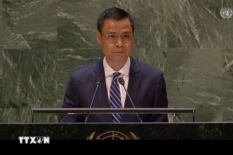 Đại sứ Đặng Hoàng Giang, Trưởng Phái đoàn thường trực Việt Nam tại Liên hợp quốc, phát biểu tại hội nghị. (Ảnh: Thanh Tuấn/TTXVN)