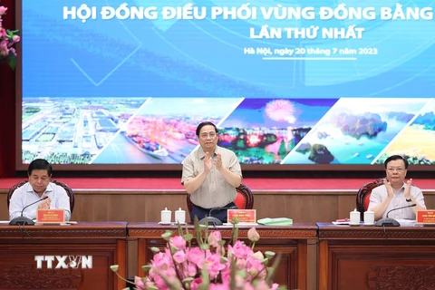 Thủ tướng Phạm Minh Chính chủ trì Hội nghị Hội đồng điều phối vùng Đồng bằng sông Hồng. (Ảnh: Dương Giang/TTXVN)