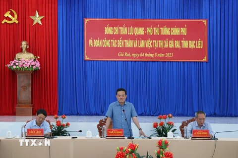 Phó Thủ tướng Chính phủ Trần Lưu Quang phát biểu tại buổi làm việc tại thị xã Giá Rai (tỉnh Bạc Liêu). (Ảnh: Chanh Đa/TTXVN)