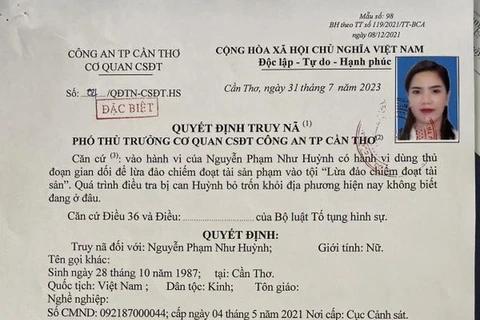 Quyết định truy nã đặc biệt đối với Nguyễn Phạm Như Huỳnh. (Ảnh: Công an thành phố Cần Thơ)