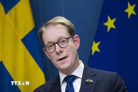 Ngoại trưởng Thụy Điển Tobias Billstrom trong một cuộc họp báo tại Stockholm. (Ảnh: AFP/TTXVN)