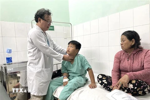 Bác sỹ thăm khám cho bệnh nhi sau phẫu thuật gắp dị vật tại Bệnh viện Nhi đồng Đồng Nai. (Ảnh: Lê Xuân/TTXVN)