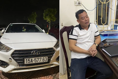 Tài xế Hoàng Văn Linh và chiếc xe ôtô tông cán bộ Cảnh sát Giao thông. (Ảnh: Công an cung cấp)