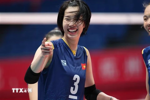 Niềm vui chiến thắng của Đội tuyển Nữ Việt Nam qua nụ cười của Thanh Thúy. (Ảnh: Hoàng Linh/TTXVN)