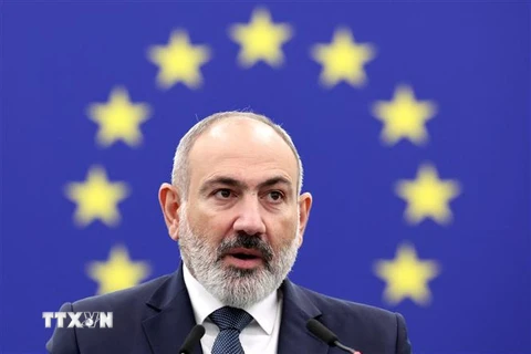 Thủ tướng Armenia Nikol Pashinyan phát biểu tại Nghị viện châu Âu ở Strasbourg, Pháp. (Ảnh: AFP/TTXVN)