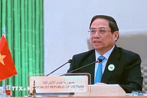 Thủ tướng Phạm Minh Chính phát biểu tại Hội nghị Cấp cao ASEAN-Hội đồng hợp tác Vùng Vịnh (GCC). (Ảnh: Dương Giang/TTXVN)
