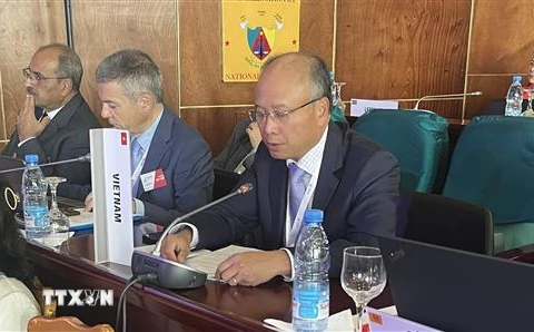 Đại sứ Đặc mệnh Việt Nam tại Pháp Đinh Toàn Thắng phát biểu tại Hội nghị Bộ trưởng lần thứ 44 của Tổ chức Quốc tế Pháp ngữ (OIF). (Ảnh: Đại sứ quán cung cấp)