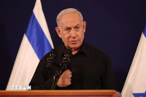 Thủ tướng Israel Benjamin Netanyahu trong một cuộc họp báo tại Tel Aviv. (Ảnh: AFP/TTXVN)