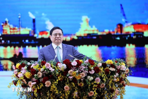 Thủ tướng Phạm Minh Chính phát biểu tại Hội nghị Công bố Quy hoạch và Xúc tiến Đầu tư tỉnh Cà Mau. (Ảnh: Dương Giang/TTXVN)
