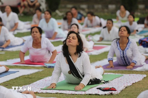 Biểu diễn tập Yoga tại Amritsar, Ấn Độ. (Ảnh: THX/TTXVN)