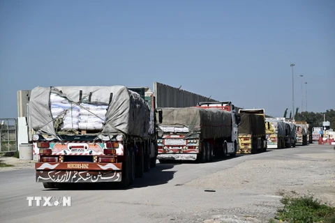 Đoàn xe chở hàng viện trợ di chuyển từ Ai Cập qua cửa khẩu Kerem Shalom vào phía Nam Dải Gaza, ngày 22/12. (Ảnh: AFP/TTXVN)