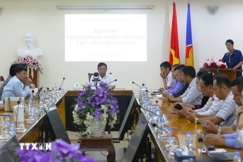 Đại sứ Việt Nam tại Campuchia Nguyễn Huy Tăng chủ trì Hội nghị. (Ảnh: Hoàng Minh/TTXVN)