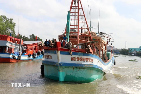 Tàu cá của ngư dân huyện Châu Thành (Kiên Giang) xuất hành ra khơi chuyến biển đầu Năm mới 2024. (Ảnh: Lê Huy Hải/TTXVN)