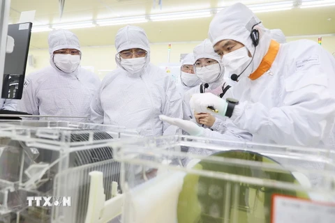 Thủ tướng Phạm Minh Chính thăm dây chuyền sản xuất chíp bán dẫn của Công ty TNHH Hana Micro Vina. (Ảnh: Dương Giang/TTXVN)