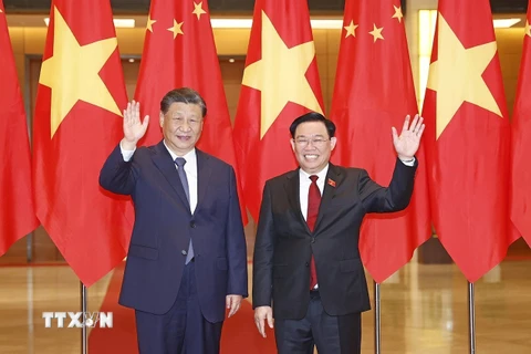 Chủ tịch Quốc hội Vương Đình Huệ và Tổng Bí thư, Chủ tịch nước Trung Quốc Tập Cận Bình chụp ảnh chung. (Ảnh: Doãn Tấn/TTXVN)