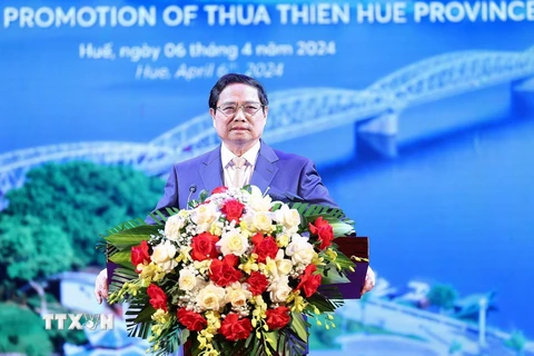 Thủ tướng Phạm Minh Chính phát biểu tại Hội nghị công bố Quy hoạch tỉnh Thừa Thiên-Huế. (Ảnh: Dương Giang/TTXVN)