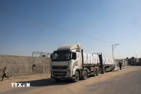Xe tải chở hàng viện trợ qua cửa khẩu Kerem Shalom vào Dải Gaza. (Ảnh: AFP/TTXVN)