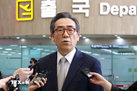 Ngoại trưởng Hàn Quốc Cho Tae-yul phát biểu với báo giới tại Seoul, Hàn Quốc. (Ảnh: Yonhap/TTXVN)