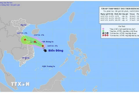 Hướng di chuyển của áp thấp nhiệt đới. (Ảnh: TTXVN phát)