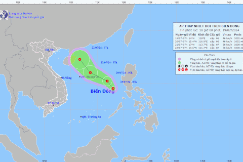 Vị trí và đường đi của áp thấp nhiệt đới. (Nguồn: Trung tâm Dự báo Khí tượng Thủy văn Quốc gia)