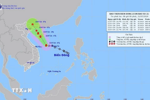 Hướng đi của cơn bão số 2, sáng 21/7. (Ảnh: TTXVN phát)