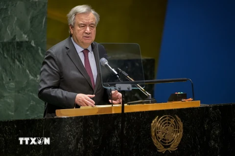 Tổng thư ký Liên hợp quốc Antonio Guterres phát biểu tại trụ sở Liên hợp quốc ở New York, Mỹ. (Ảnh: THX/TTXVN)