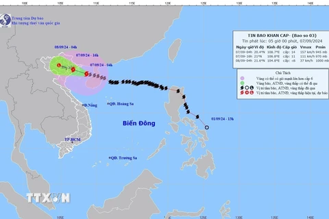 Hướng di chuyển của bão số 3. (Ảnh: TTXVN phát)