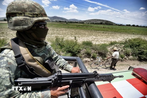 Binh sỹ quân đội Mexico tuần tra ở Tepeaca, bang Puebla, Mexico. (Ảnh; AFP/TTXVN)