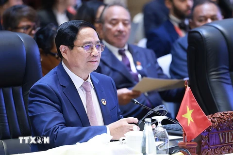 Thủ tướng Phạm Minh Chính tham dự và phát biểu tại Phiên toàn thể Hội nghị Cấp cao ASEAN lần thứ 44. (Ảnh: Dương Giang/TTXVN)