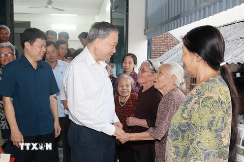 Tổng Bí thư, Chủ tịch nước Tô Lâm thăm hỏi nhân dân xã Long Hưng, huyện Văn Giang. (Ảnh: Trí Dũng/TTXVN)