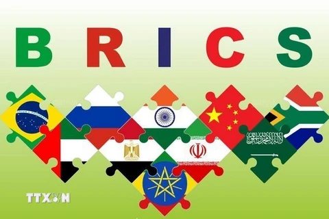 Biểu tượng Nhóm BRICS cùng quốc kỳ các nước thành viên và các nước được mời gia nhập nhóm. (Ảnh: IRNA/TTXVN)