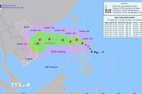 Đường đi của bão TRAMI, chiều 23/10. (Ảnh: TTXVN phát)