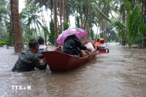 Lực lượng cứu hộ sơ tán người dân khỏi vùng ngập lụt sau những trận mưa lớn do ảnh hưởng của bão Trami tại tỉnh Albay, Philippines. (Ảnh: THX/TTXVN)