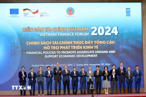 Các đại biểu chụp ảnh chung chúc mừng Diễn đàn Tài chính Việt Nam năm 2024. (Ảnh: Thanh Vân/TTXVN)