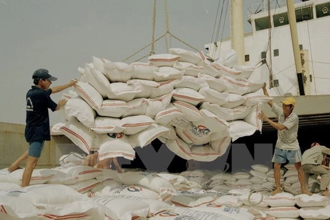 Bốc xếp gạo xuất khẩu tại cảng Sài Gòn. (Ảnh: Đình Huệ/TTXVN) 
