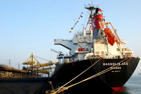 Tàu MAGNOLIA ACE trọng tải 28.389 DWT mang quốc tịch Panama vào "ăn" than đầu năm Giáp ngọ. (Ảnh: Văn Đức/TTXVN)