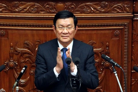 Chủ tịch Trương Tấn Sang phát biểu tại Hạ viện Nhật. (Ảnh: Nguyễn Khang/TTXVN)