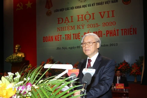 Tổng Bí thư Nguyễn Phú Trọng phát biểu tại Đại hội. (Ảnh: Trí Dũng/TTXVN)