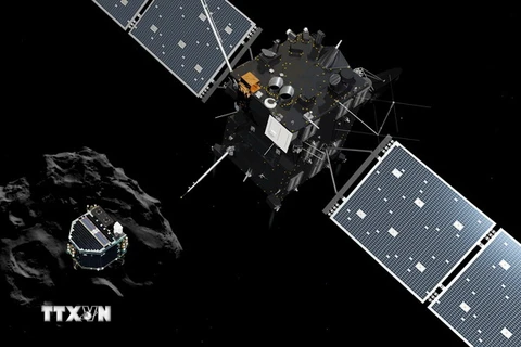 Hình mô phỏng robot Philae được tách từ tàu thăm dò không gian Rosetta và "hạ cánh" xuống bề mặt sao chổi. (Ảnh: AFP/TTXVN)