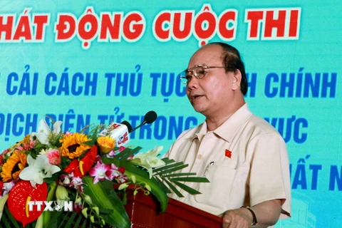 Phó Thủ tướng Nguyễn Xuân Phúc phát biểu tại lễ phát động cuộc thi. (Ảnh: Dương Ngọc/TTXVN)