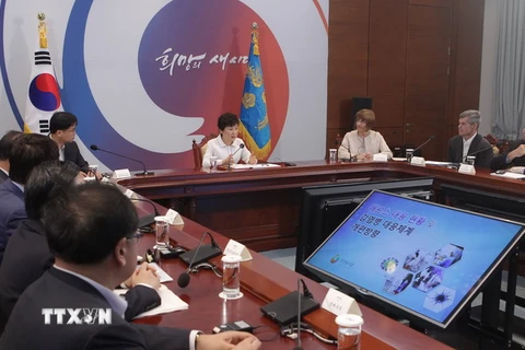Tổng thống Hàn Quốc gặp các chuyên gia y tế của Trung tâm kiểm soát và ngăn chặn bệnh dịch Mỹ (CDC) và WHO ở Seoul ngày 24/6. (Ảnh: AFP/TTXVN)