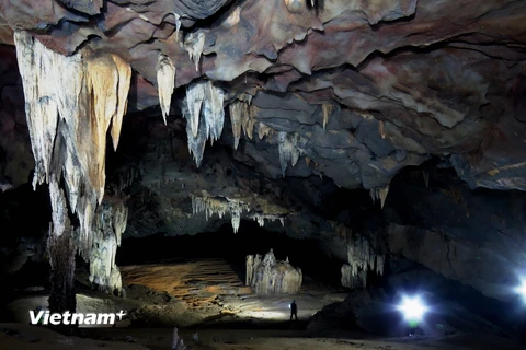 Trần hang rộng lớn và những thạch nhủ lung linh ở hang Va-hang Nước Nứt. (Ảnh: Hi Trang/Vietnam+) 