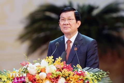 Chủ tịch nước Trương Tấn Sang đọc Diễn văn tại Lễ kỷ niệm. (Ảnh: Nguyễn Khang/TTXVN)