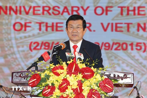 Chủ tịch nước Trương Tấn Sang đọc diễn văn chào mừng tại tiệc chiêu đãi. (Ảnh: Nguyễn Khang/TTXVN)