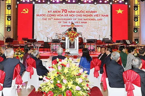 Chủ tịch nước Trương Tấn Sang đọc diễn văn chào mừng tại tiệc chiêu đãi. (Ảnh: Nguyễn Khang/TTXVN)